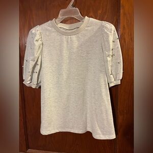Elegant Gray Women's Top with Beaded Puff Sleeves